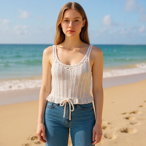 Hand Crafted Tops - Crop Top Hand Crafted Crochet Halter White Ribbed Tank Boho Ruffle Crystals